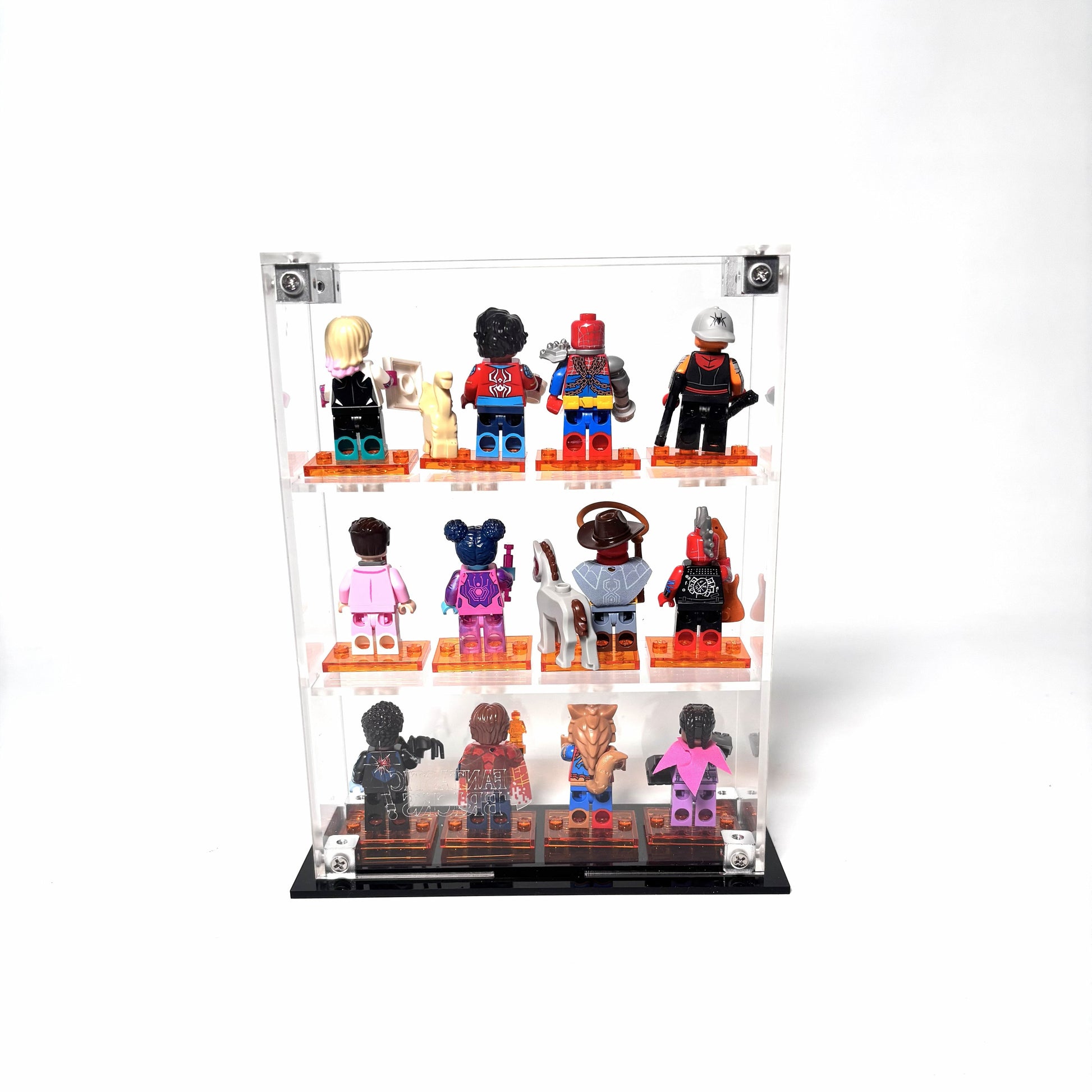Krystalklar akryl-kasse til 12 LEGO® Minifigurer™ – støvfri opbevaring og elegant udstilling til samlere, med mulighed for vægmontering eller hyldeplacering.