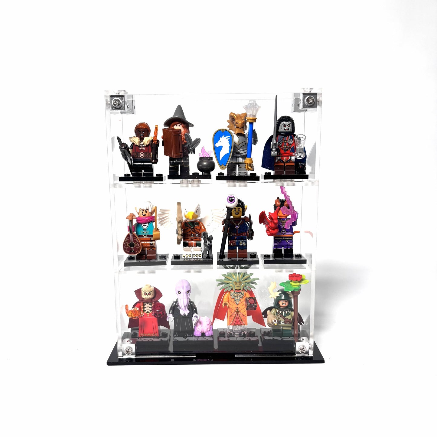 Krystalklar akryl-kasse til 12 LEGO® Minifigurer™ – støvfri opbevaring og elegant udstilling til samlere, med mulighed for vægmontering eller hyldeplacering.