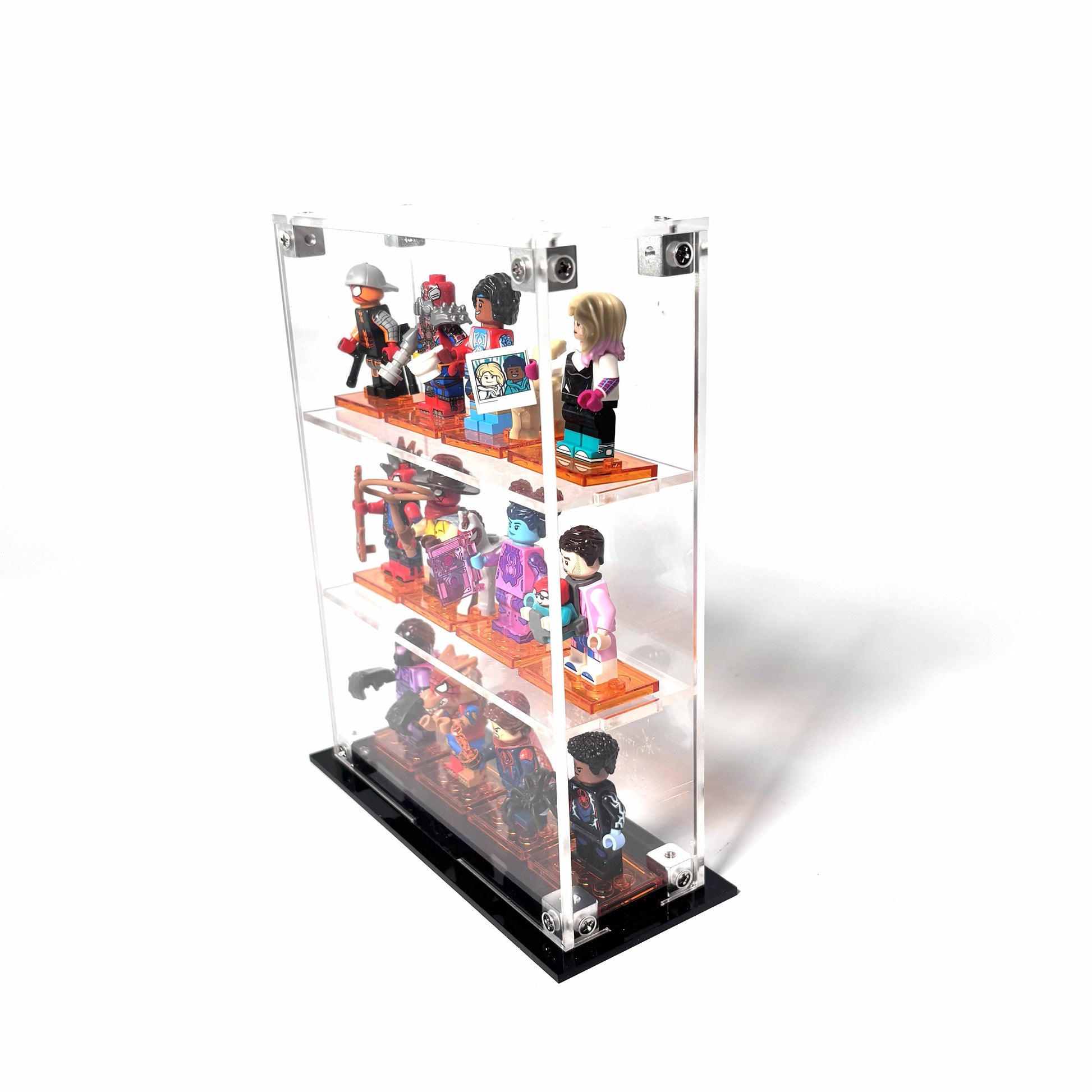 Krystalklar akryl-kasse til 12 LEGO® Minifigurer™ – støvfri opbevaring og elegant udstilling til samlere, med mulighed for vægmontering eller hyldeplacering.