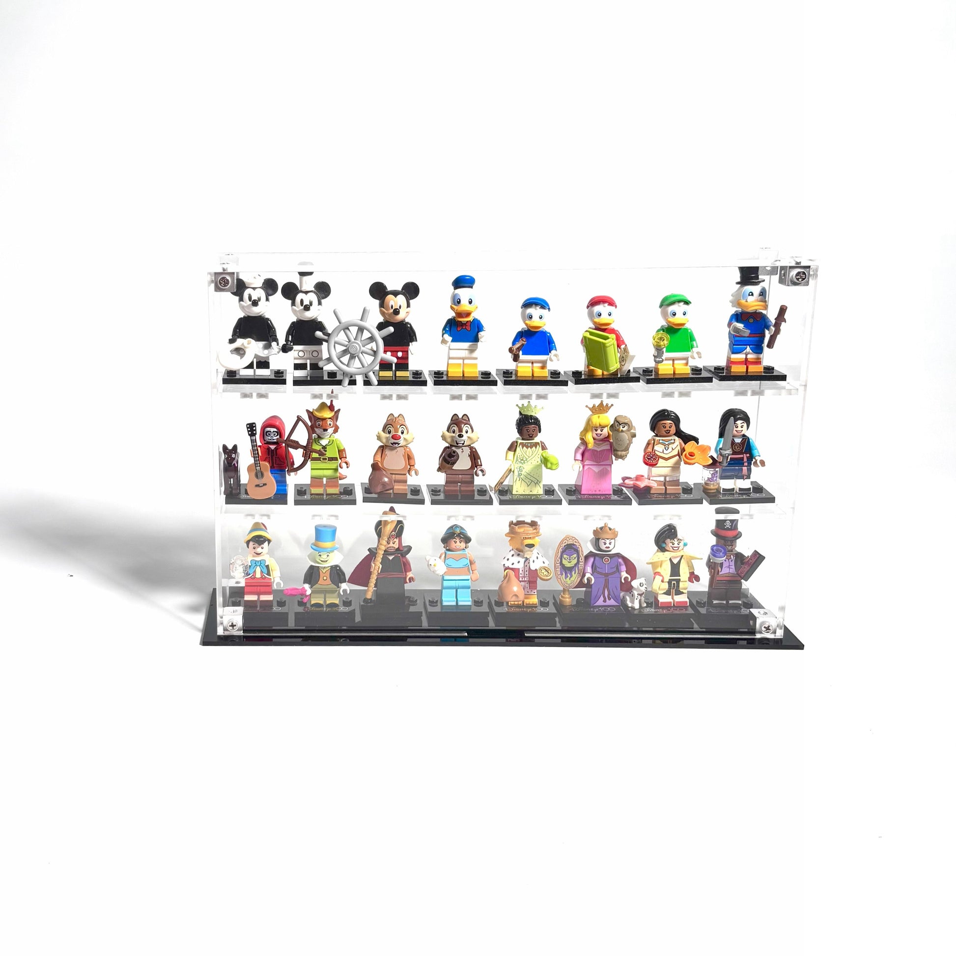 Krystalklar akryl-kasse til 24 LEGO® Minifigurer™ – støvfri opbevaring og elegant udstilling til samlere, med mulighed for vægmontering eller hyldeplacering.