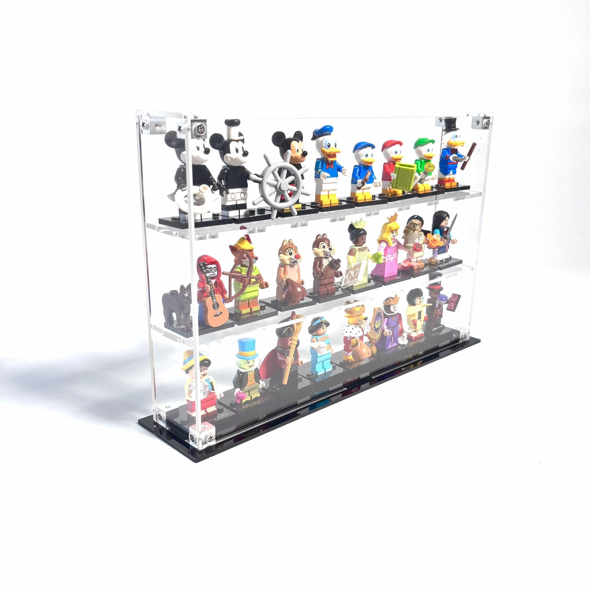 Krystalklar akryl-kasse til 24 LEGO® Minifigurer™ – støvfri opbevaring og elegant udstilling til samlere, med mulighed for vægmontering eller hyldeplacering.