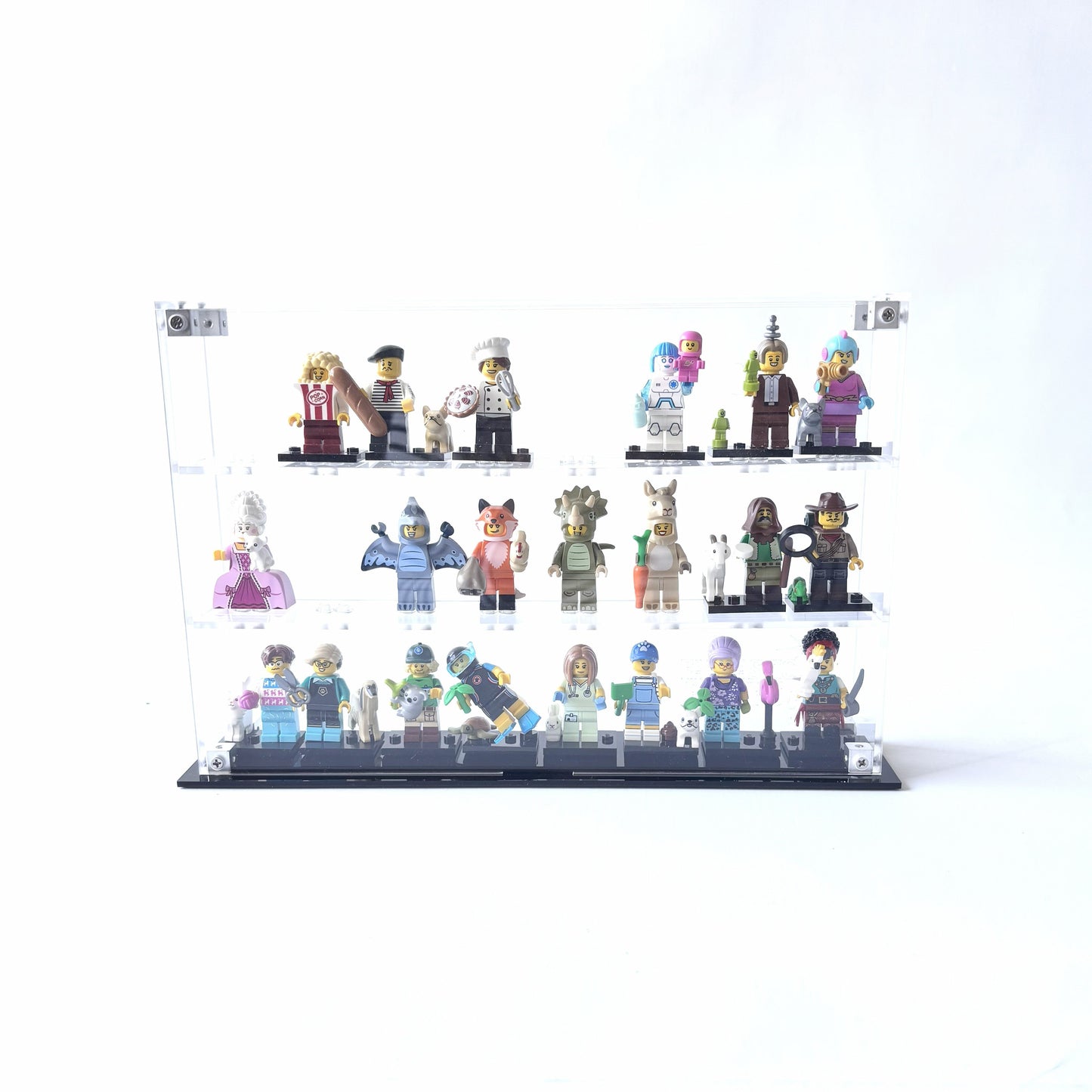 Krystalklar akryl-kasse til 24 LEGO® Minifigurer™ – støvfri opbevaring og elegant udstilling til samlere, med mulighed for vægmontering eller hyldeplacering.