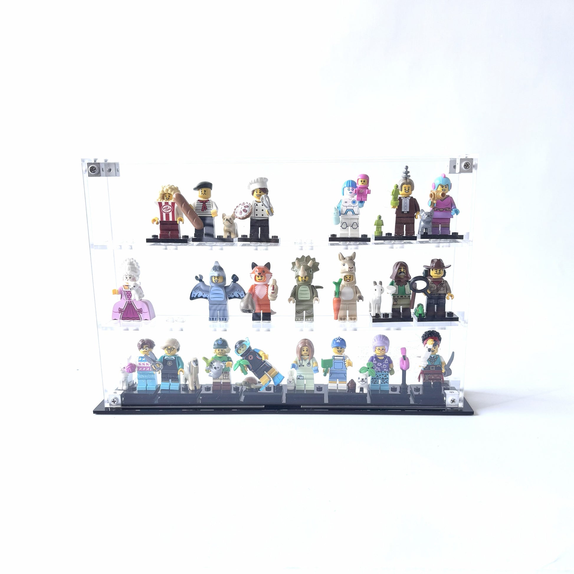 Krystalklar akryl-kasse til 24 LEGO® Minifigurer™ – støvfri opbevaring og elegant udstilling til samlere, med mulighed for vægmontering eller hyldeplacering.