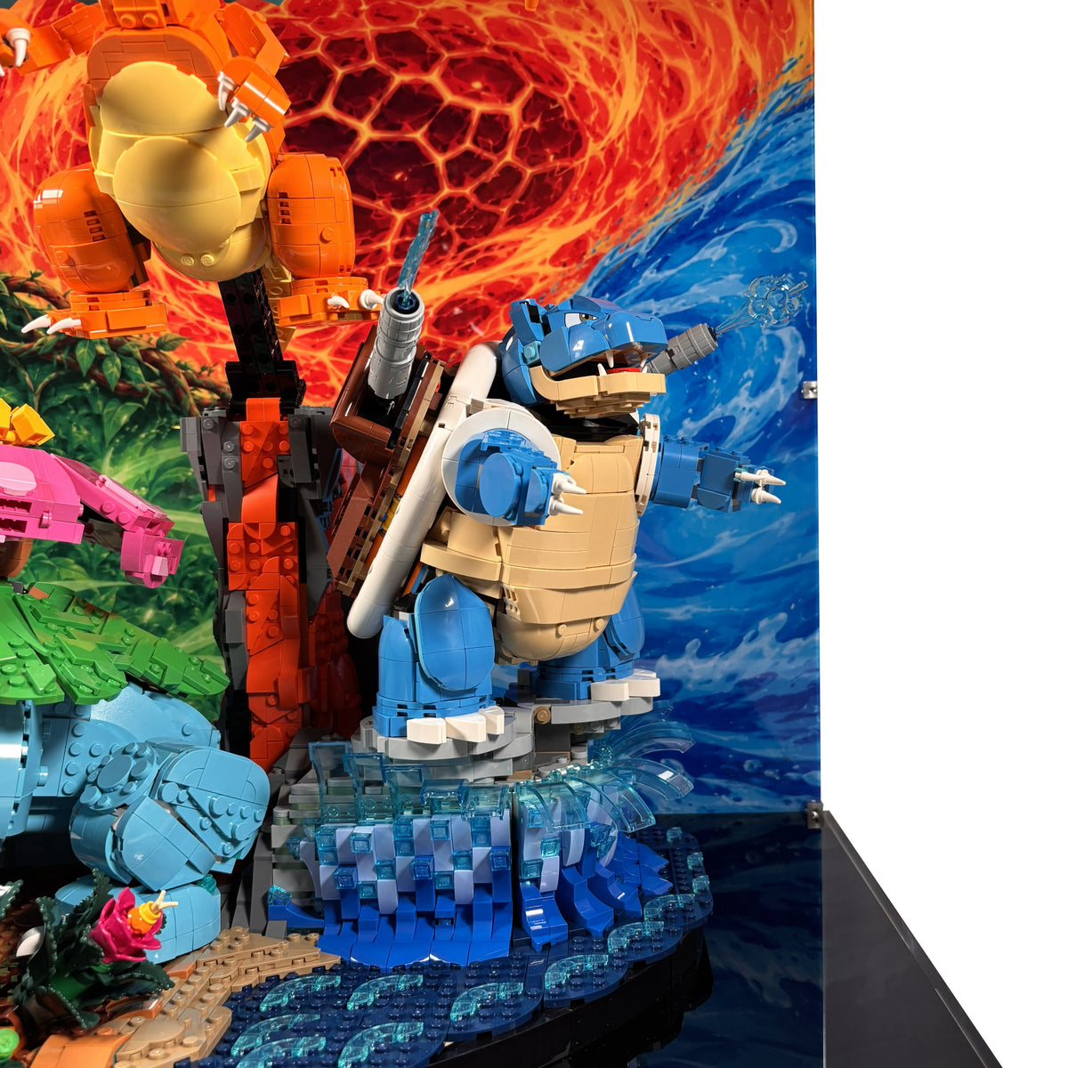Akrylkasse til LEGO® Venusaur, Charizard and Blastoise 72153 - baggrundsmotiv med farverigt element-tema