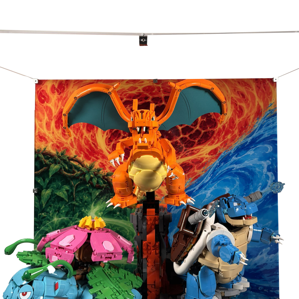 Akrylkasse til LEGO® Venusaur, Charizard and Blastoise 72153 - baggrundsmotiv med farverigt element-tema