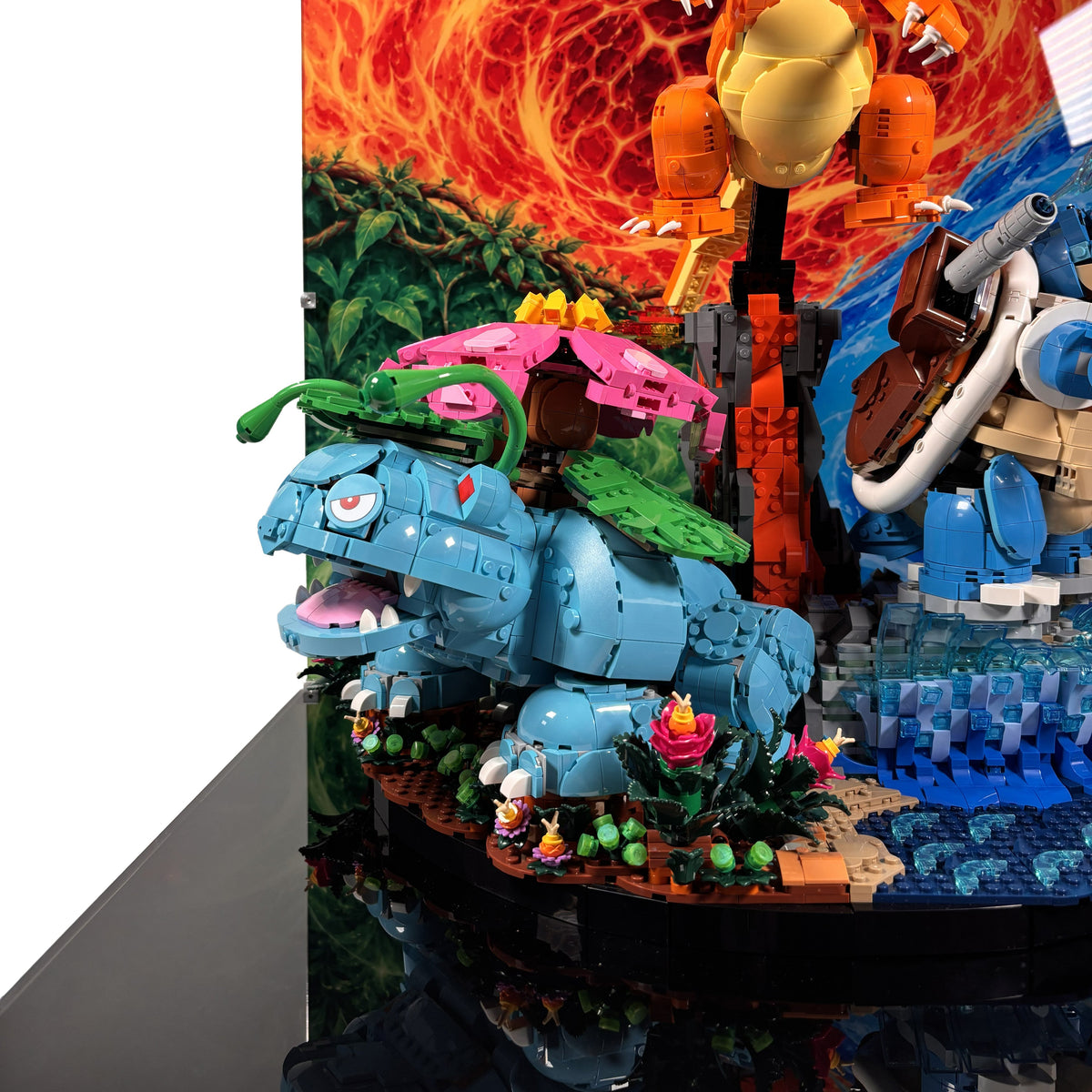 Akrylkasse til LEGO® Venusaur, Charizard and Blastoise 72153 - baggrundsmotiv med farverigt element-tema