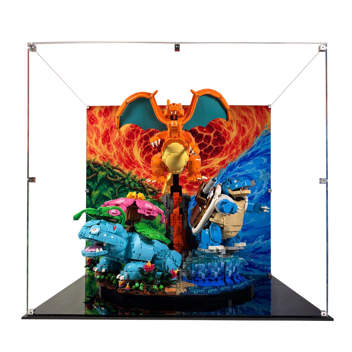 Akrylkasse til LEGO® Venusaur, Charizard and Blastoise 72153 - baggrundsmotiv med farverigt element-tema