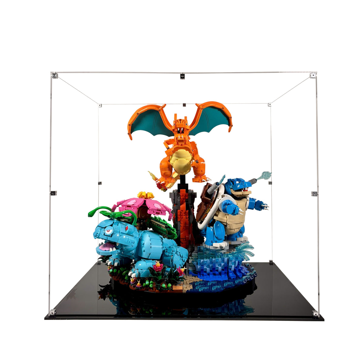 Akrylkasse til LEGO® Venusaur, Charizard and Blastoise 72153 - baggrundsmotiv med farverigt element-tema