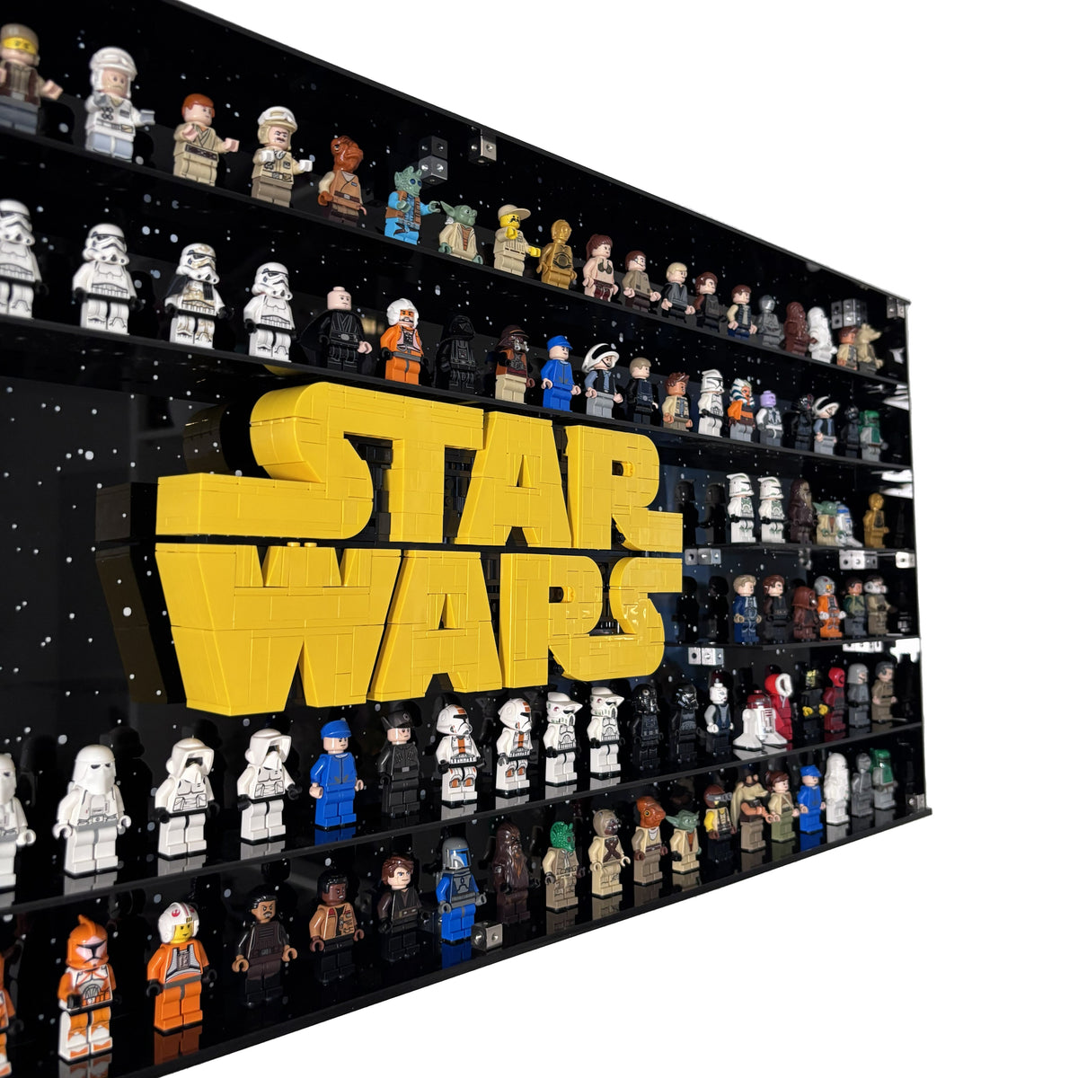 Væghæng akrylkasse til 124 Minifigure og Star Wars Logo. 
