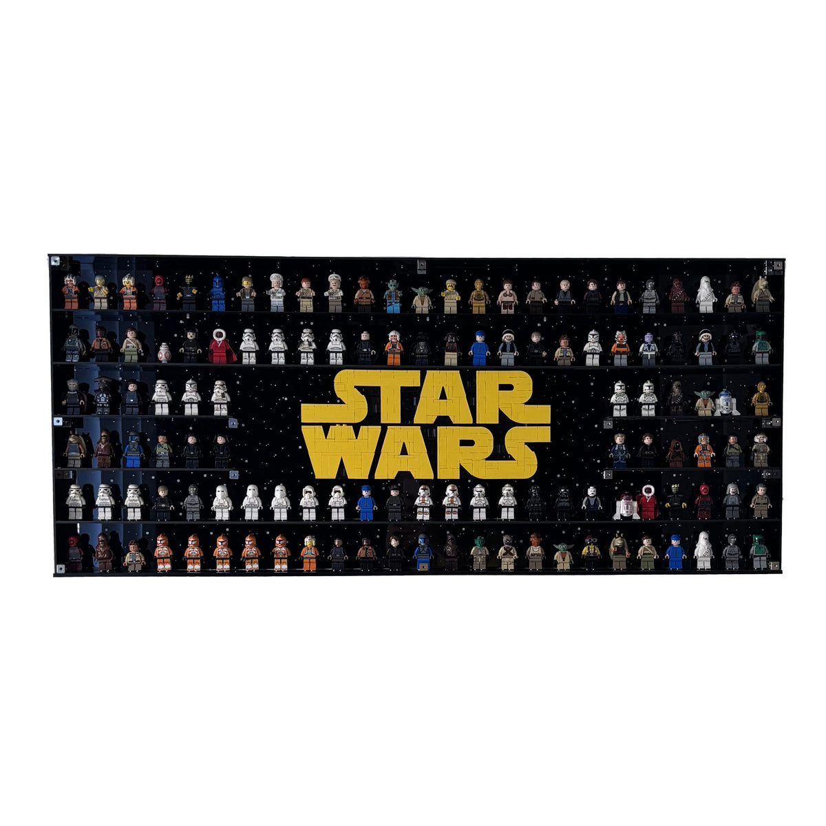 Væghæng akrylkasse til 124 Minifigure og Star Wars Logo. 