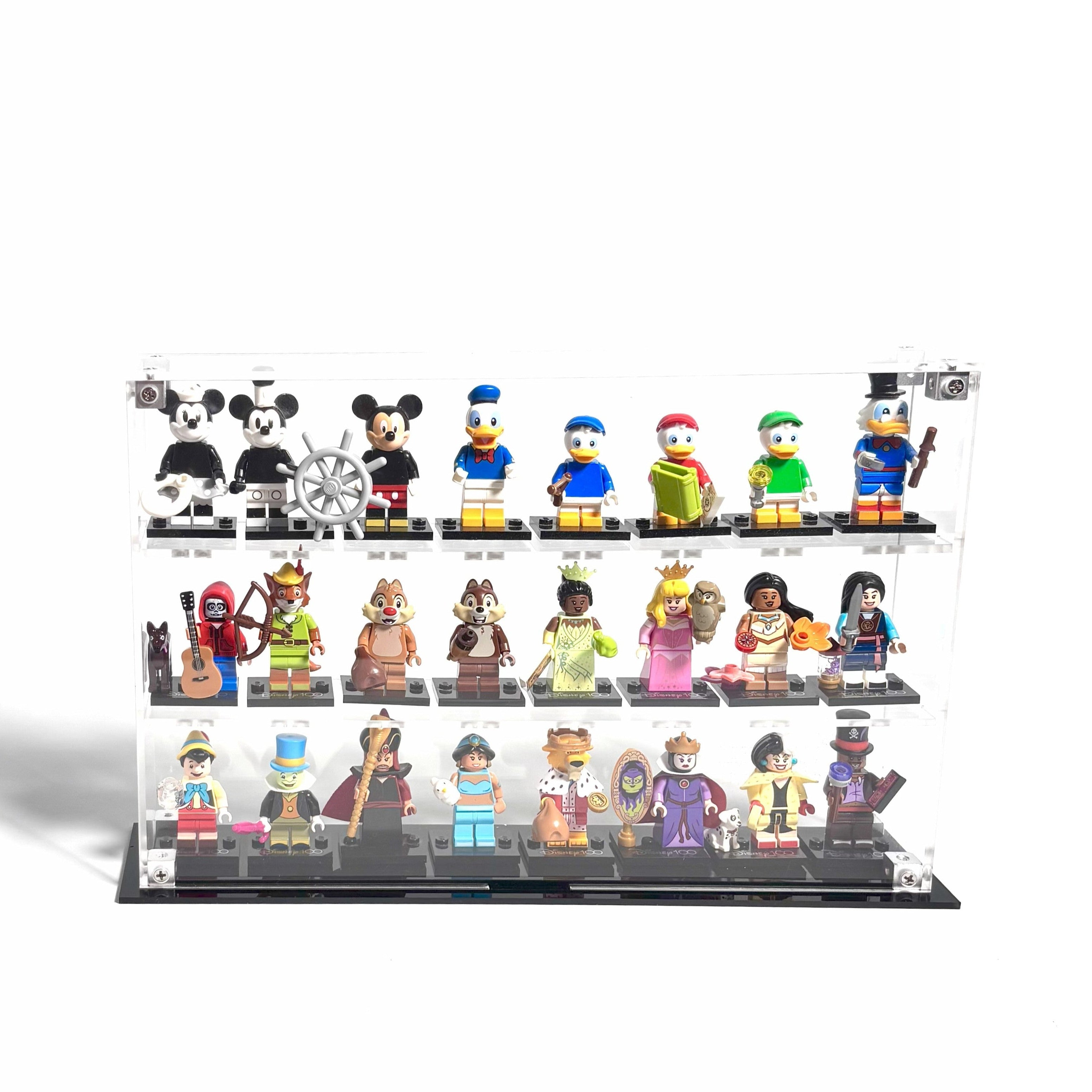 Krystalklar akryl-kasse til 24 LEGO® Minifigurer™ – støvfri opbevaring og elegant udstilling til samlere, med mulighed for vægmontering eller hyldeplacering.