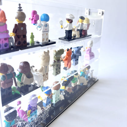 Krystalklar akryl-kasse til 24 LEGO® Minifigurer™ – støvfri opbevaring og elegant udstilling til samlere, med mulighed for vægmontering eller hyldeplacering.