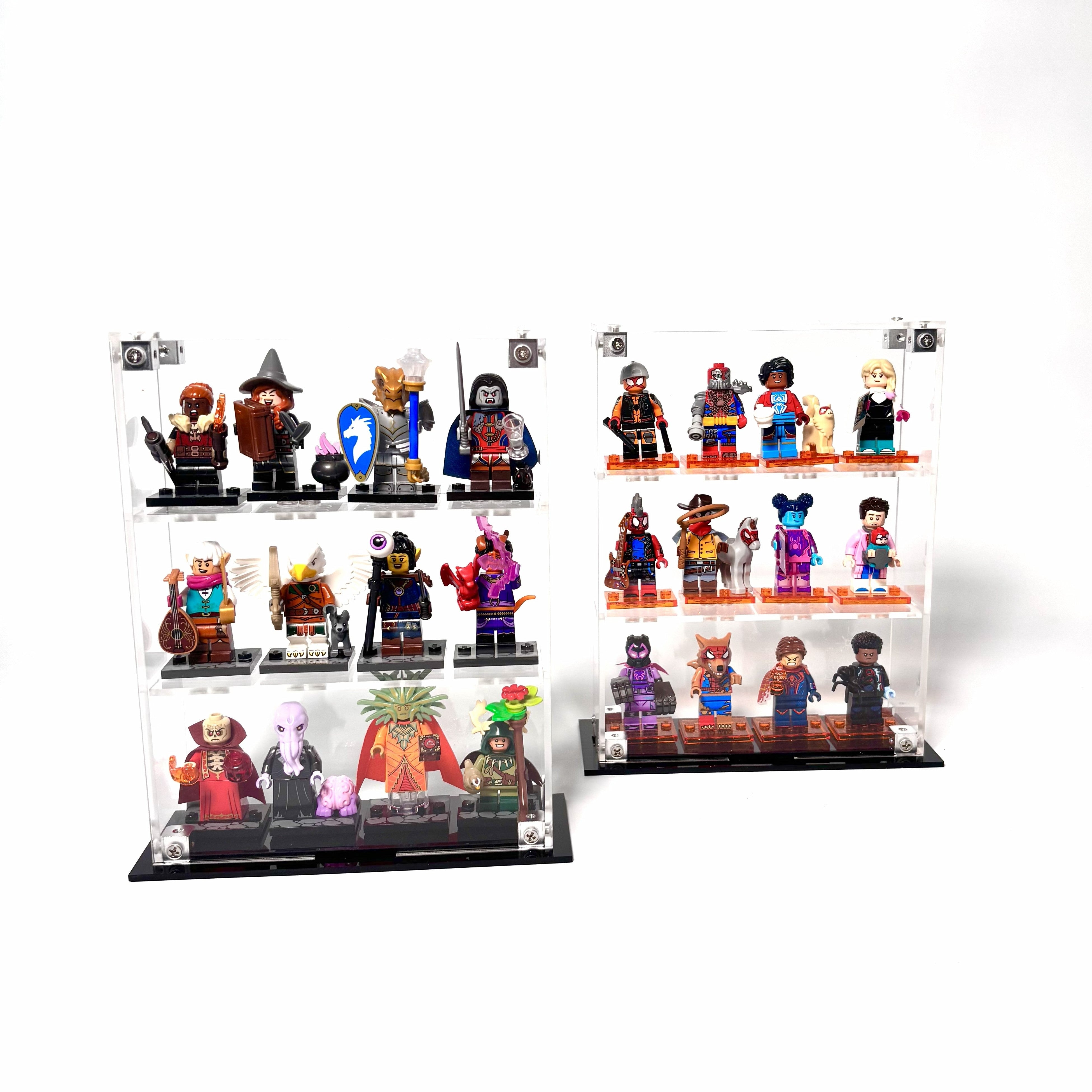 Krystalklar akryl-kasse til 12 LEGO® Minifigurer™ – støvfri opbevaring og elegant udstilling til samlere, med mulighed for vægmontering eller hyldeplacering.