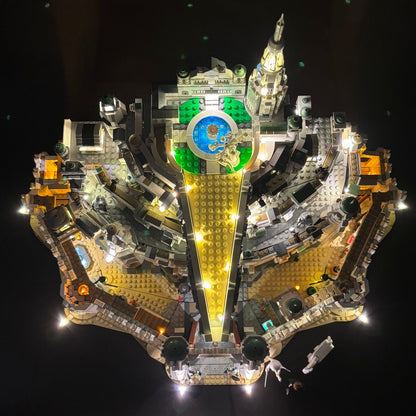 Lyskit installeret i LEGO® Minas Tirith™ 11377 med oplyste flammer og bymure