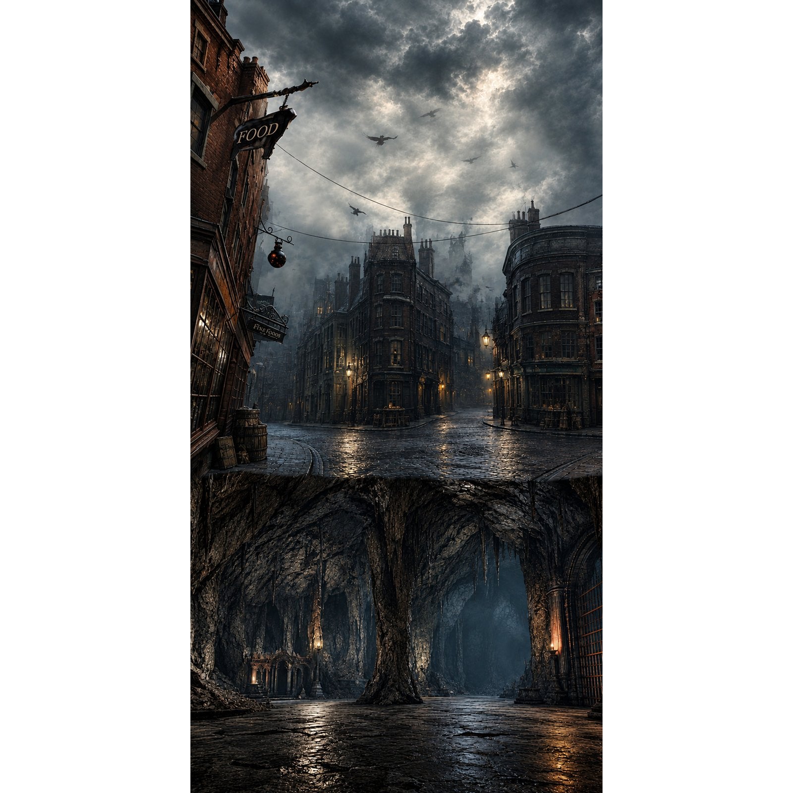 Akrylkasse til LEGO® 76417 Gringotts™ Wizarding Bank - baggrundsmotiv med Diagon Alley og underjordisk boksrum