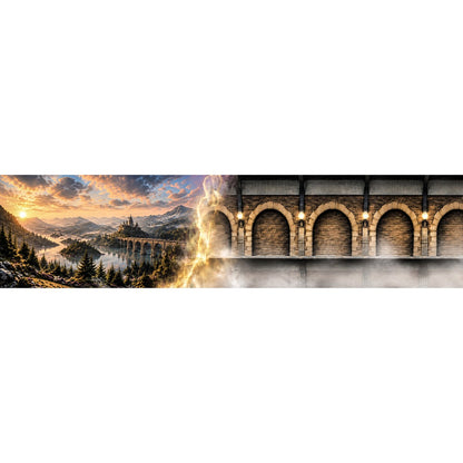 Akrylkasse til LEGO® 76405 Hogwarts Express™ - baggrundsmotiv med magisk landskab og oplyst togperron