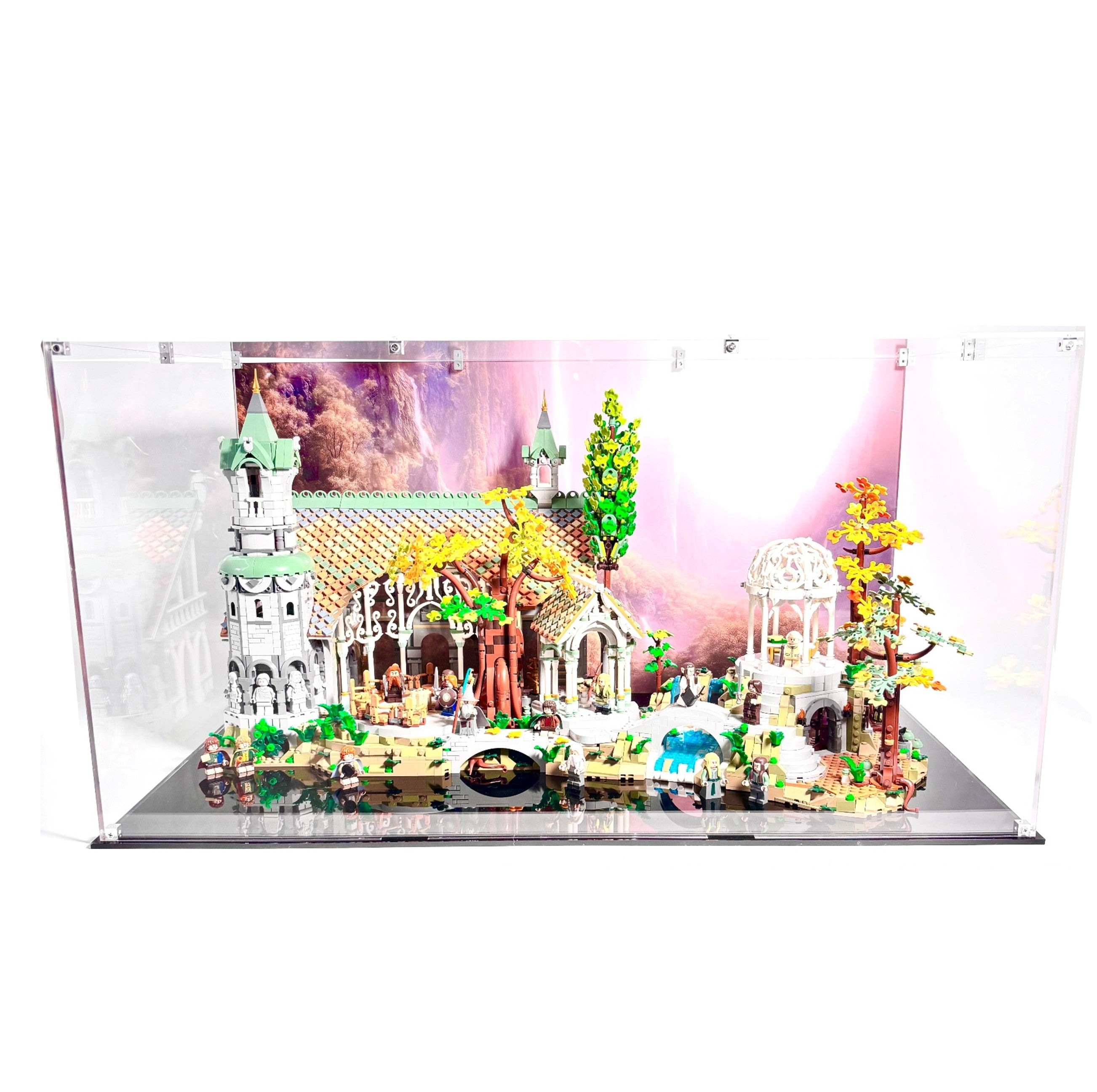 Akrylkasse til LEGO® Ringenes Herre™ Kløvedal™ (10316) – støvfri beskyttelse og elegant udstilling af elvernes ikoniske tilflugtssted.