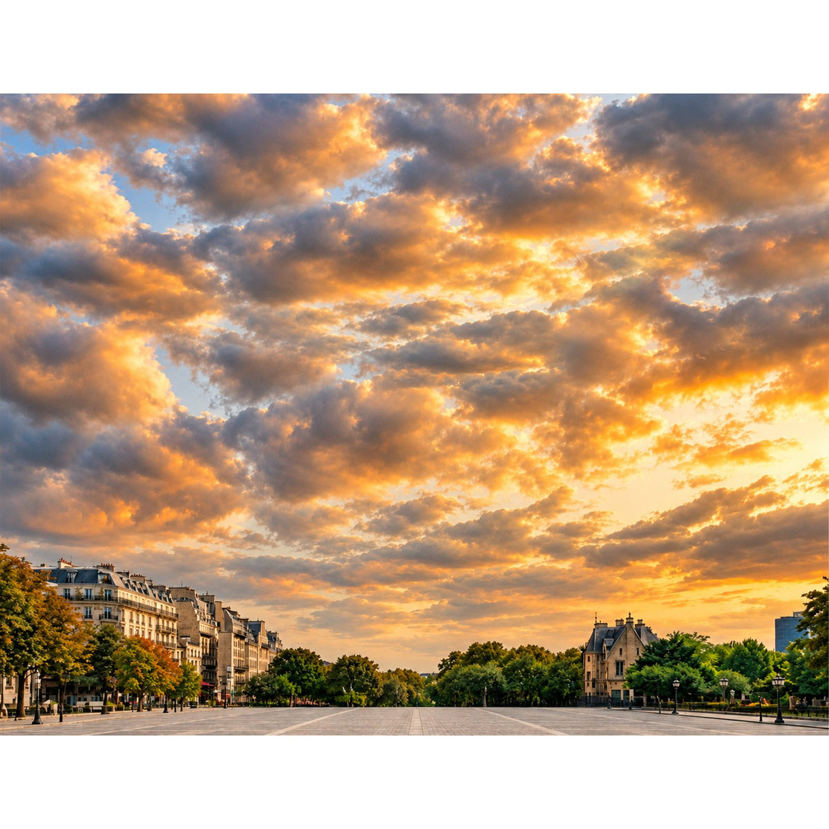 Akrylkasse til LEGO® 21061 Notre-Dame de Paris - baggrundsmotiv med parisisk plads og solnedgang