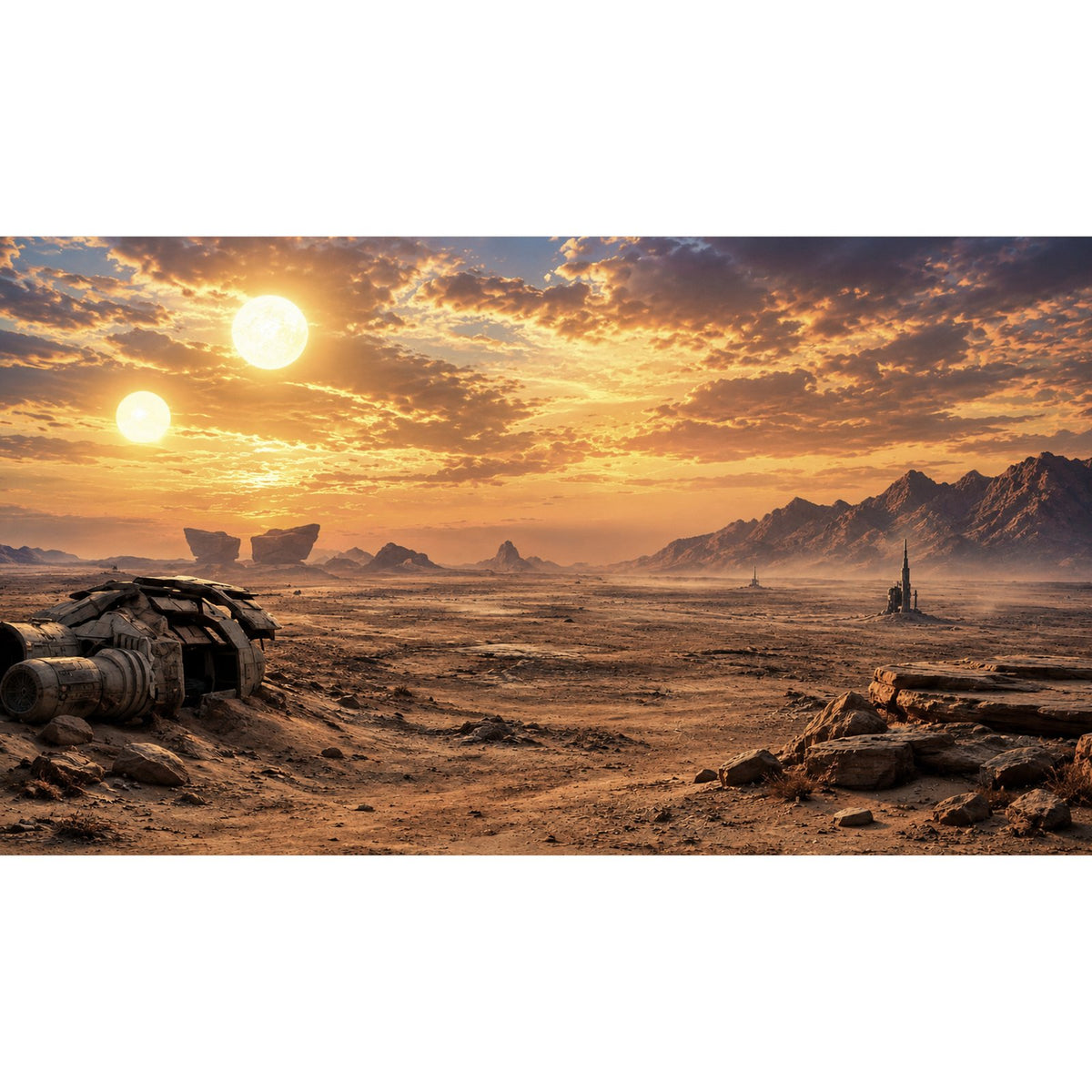 Akrylkasse til LEGO® 75331 The Razor Crest - baggrundsmotiv med ørkenplanet, to sole og vraget rumskib