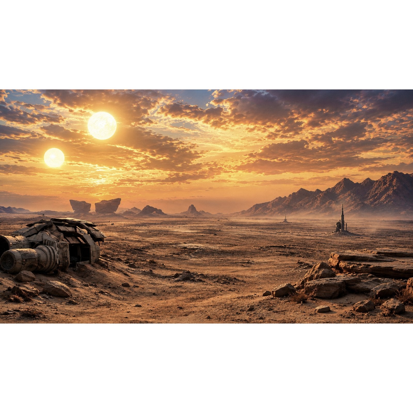 Akrylkasse til LEGO® 75331 The Razor Crest - baggrundsmotiv med ørkenplanet, to sole og vraget rumskib