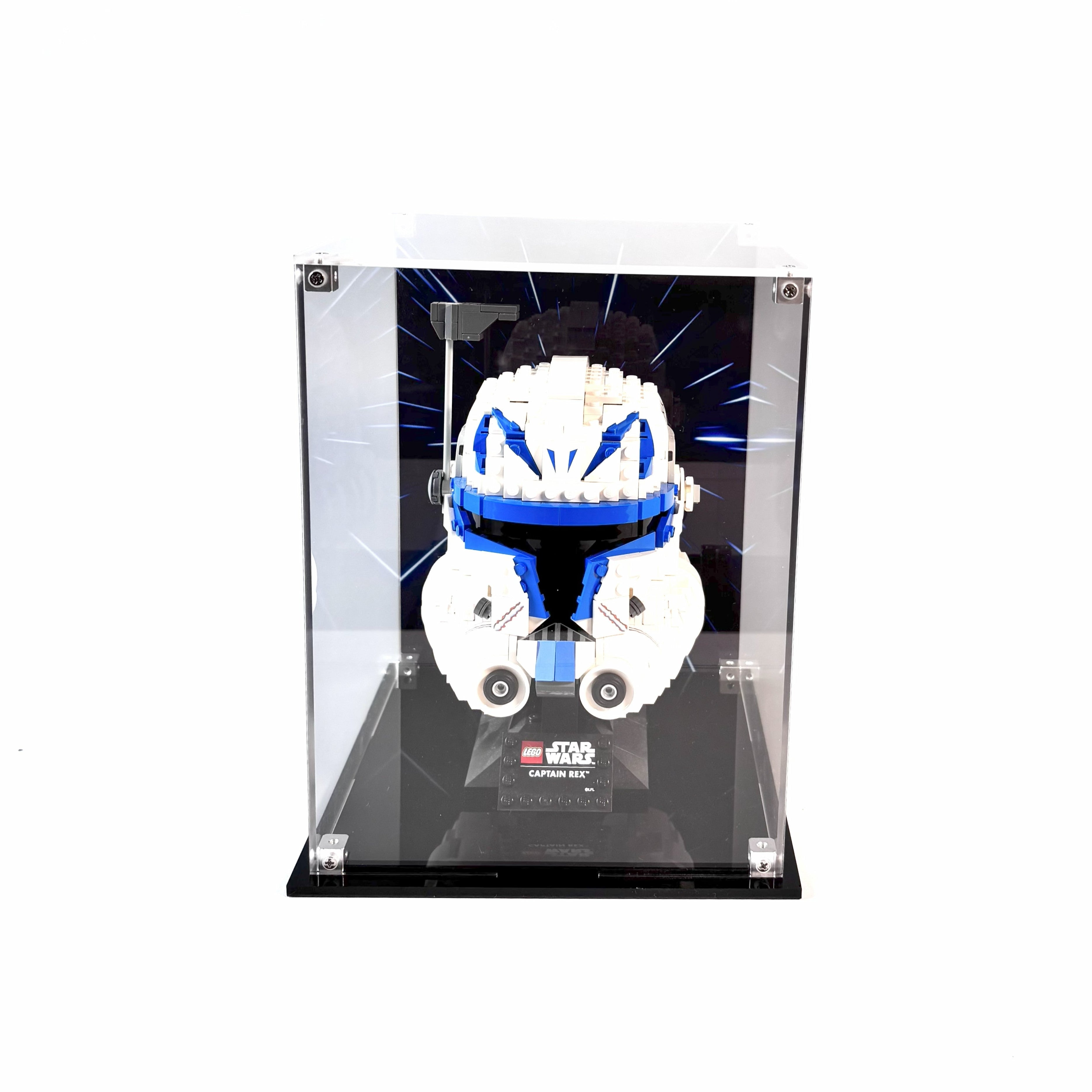 Akryl displaykasse til LEGO® Star Wars™ hjelme – støvfri beskyttelse og elegant udstilling af Darth Vader™, Luke Skywalker™ og andre samlerhjelme.