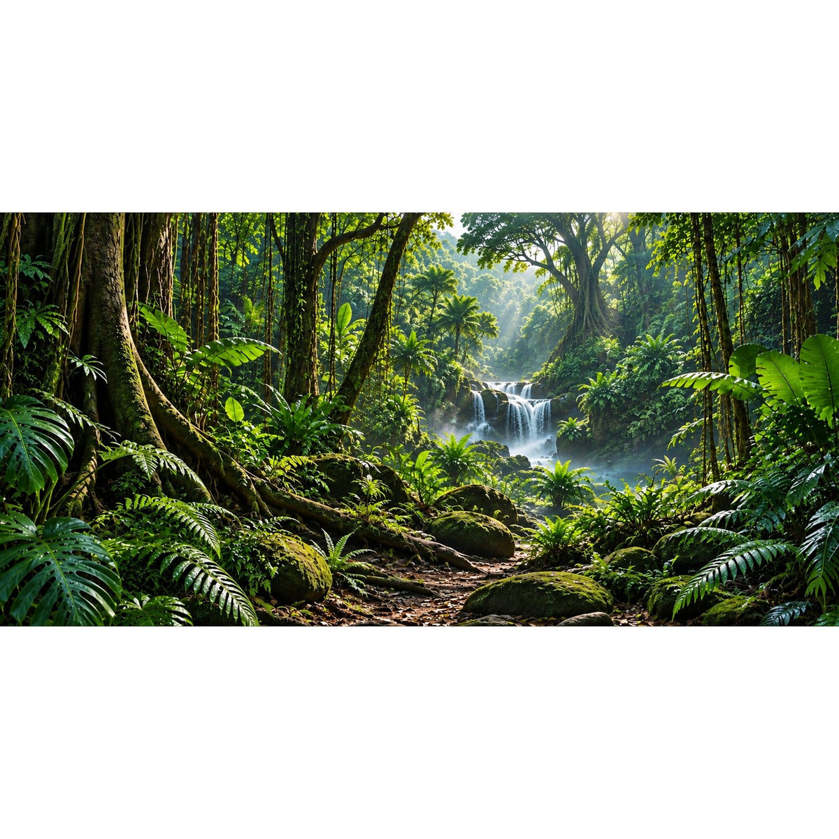 Akrylkasse til LEGO® 77985 Dinosaur Fossils: Triceratops - baggrundsmotiv med jungle og vandfald