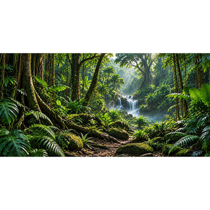 Akrylkasse til LEGO® 77985 Dinosaur Fossils: Triceratops - baggrundsmotiv med jungle og vandfald