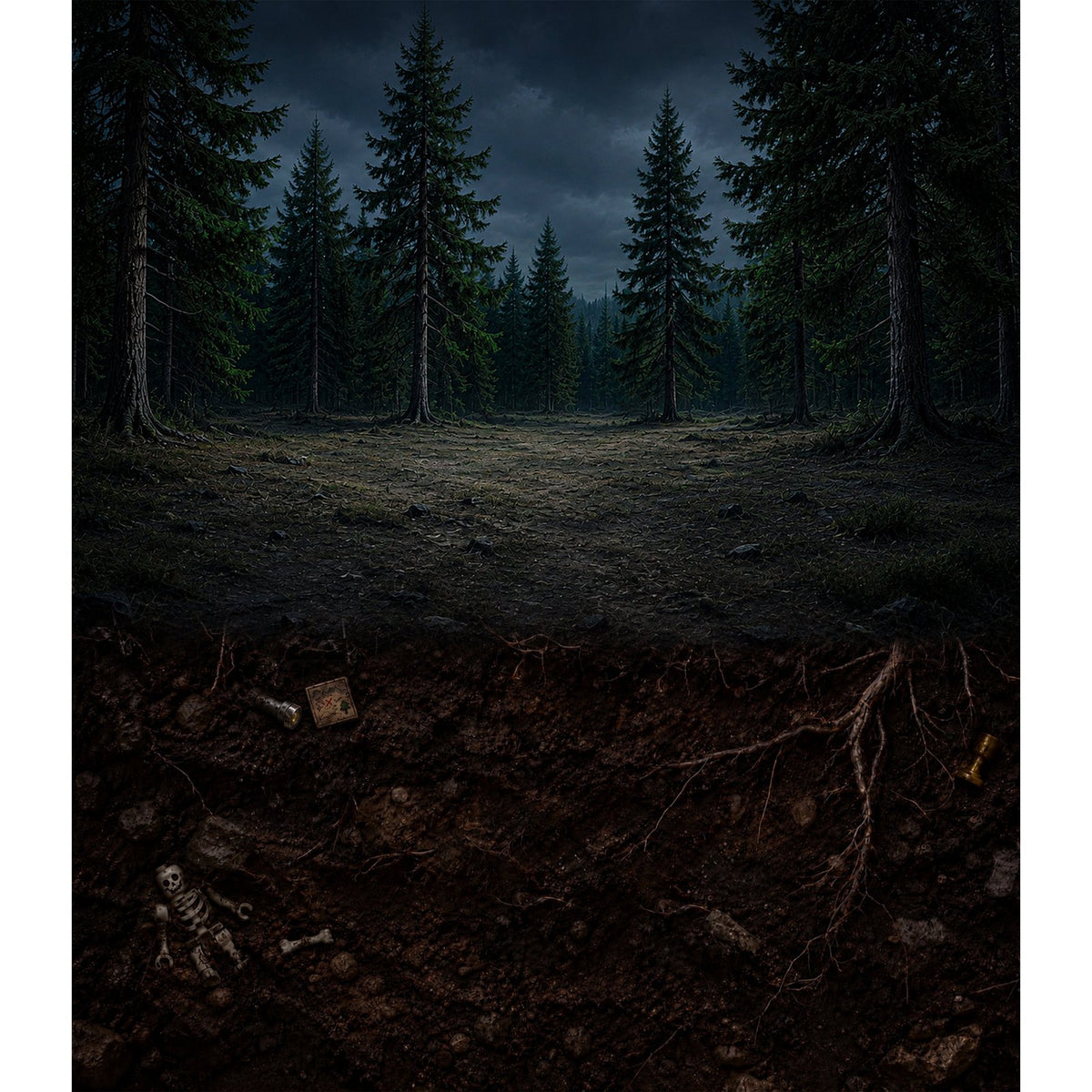 Akrylkasse til LEGO® 21369 The X-Files - baggrundsmotiv med mørk skov om natten og skjulte fund under jorden