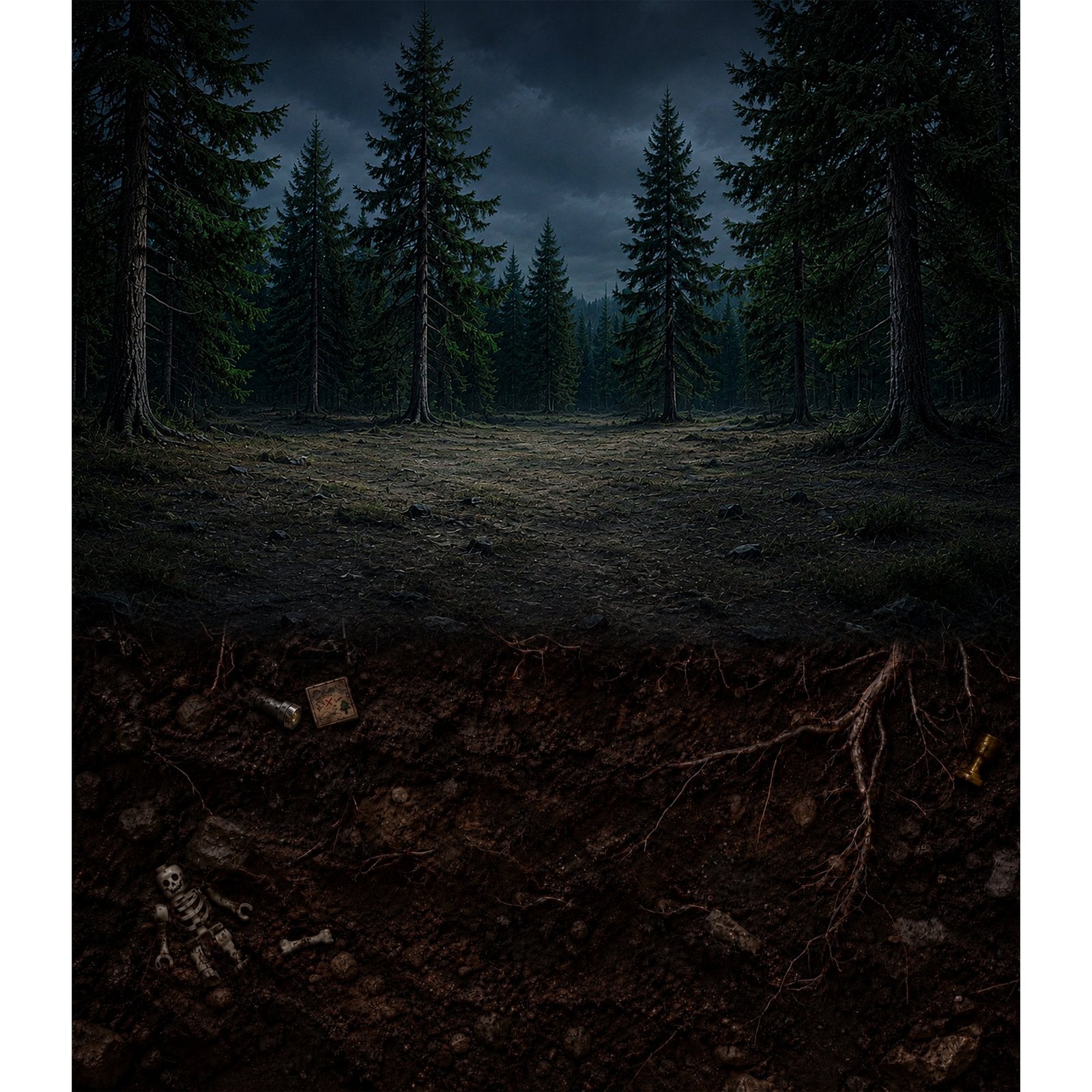 Akrylkasse til LEGO® 21369 The X-Files - baggrundsmotiv med mørk skov om natten og skjulte fund under jorden