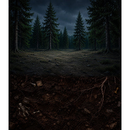 Akrylkasse til LEGO® 21369 The X-Files - baggrundsmotiv med mørk skov om natten og skjulte fund under jorden