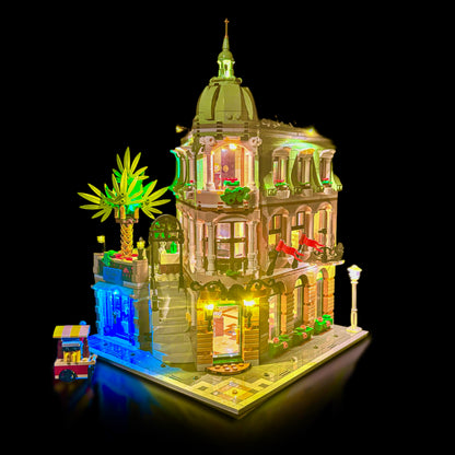 Lyskit til LEGO® Boutique Hotel (10297) med oplyste etager, reception, kunst og tagterrasse