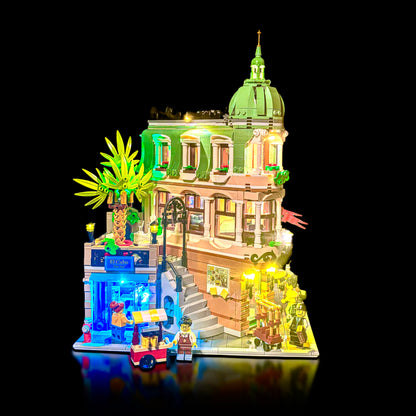 Lyskit til LEGO® Boutique Hotel (10297) med oplyste etager, reception, kunst og tagterrasse